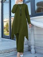 2023 ZANZEA 2PCS Long Sleeve O-Neck Solid Color Blouse Loose Pant Vintage Muslim Sets Elegant Casual Dubai Turkey Matching Set