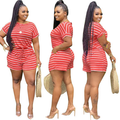 Summer  S-5XL Plus Size Two Piece Set Women Clothing Striped Outfits Round Neck Short Sleeve Crop Top Shorts Set Tracksuits