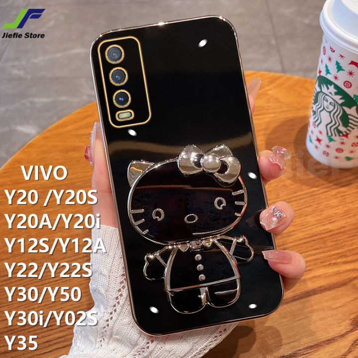 เคสโทรศัพท์มือถือลาย-hello-kitty-เคสโทรศัพท์สำหรับ-vivo-y20-y20s-y22-y22s-y35-y12s-y12a-y20a-y20i-y30-y50-y30i-y02s-y27-y36ตุ๊กตาน่ารักชุบโครเมี่ยมสุดหรูนิ่มฝาครอบพร้อมตัวยึดด้านหลัง-tpu