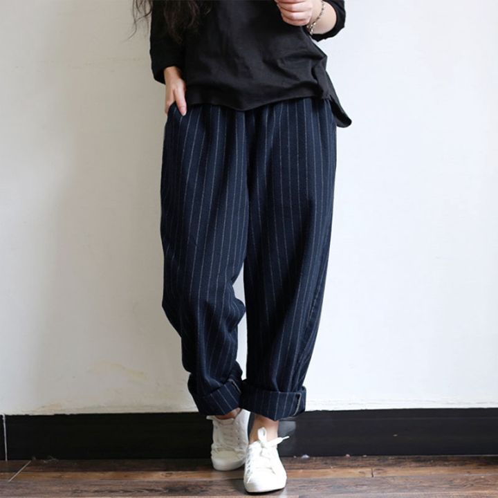 women-stripes-pockets-elastic-waist-plus-size-vintage-pants