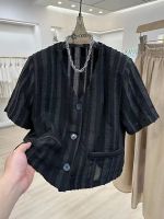 Spot parcel post Light luxury minority v Collar Jacquard Thin Short Coat Womens Summer New Loose Temperament Slimming Stripes Cardigan Top