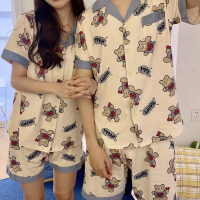 Japanese Couple Pajama Set 2021 Summer New Kawaii Sleepwear Cute Cartoon Bear Print Pyjamas Loose Lapel Pijamas 2Piece Home Suit