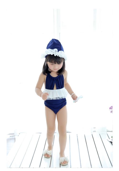 ชุดว่ายน้ำเด็กผู้หญิง-วันพีช-คล้องคอ-โชว์หลัง-พร้อมหมวก-ไซส์-100