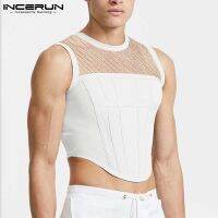 hot【DT】 Men Mesh Patchwork 2023 Round Neck Sleeveless See Through Vests Streetwear Nightclub Crop