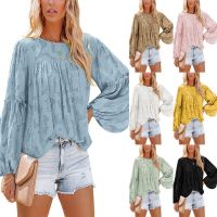 2023 new autumn loose puff sleeve t-shirt European and American womens solid color round neck pullover long-sleeved top ❤