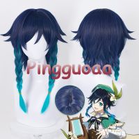 Manmei Genshin Impact Venti Cosplay Wig Unisex 42cm Blue Gradient Braid Wigs Heat Resistant Synthetic Hair Scalp WigsHalloween