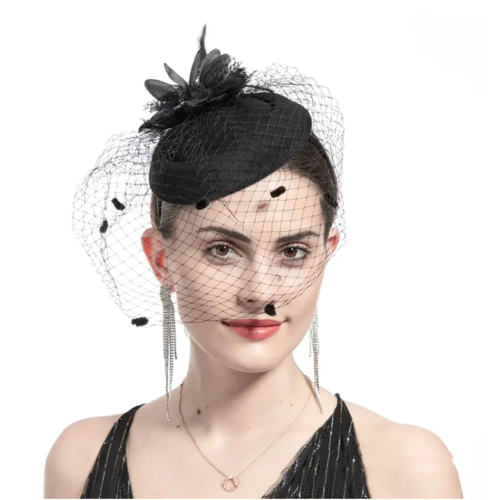 Black small top hat retro feather lace mesh top hat socialite top hat