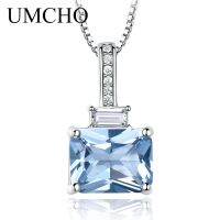 【HOT SALE】 Gift Pop UMCHO สี่เหลี่ยมผืนผ้า Nano Sky Blue Topaz สร้อยคอของแท้925เงินสเตอร์ลิงจี้สร้อยคอผู้หญิงเครื่องประดับอัญมณี