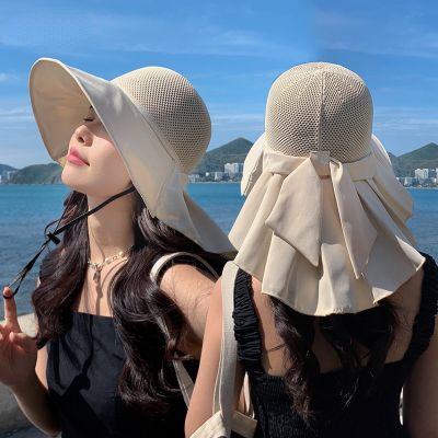 【CC】Summer Women Bucket Hat with Shawl Lightweight Breathable Mesh Face Neck Protection Sun Hat Bow Pleat  Beach Cap Design Travel
