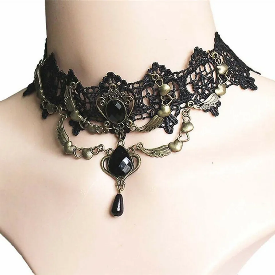 GS Vintage Steampunk Style Black Lace Necklace Beads Pendant Women Chokers  Gothic Collar