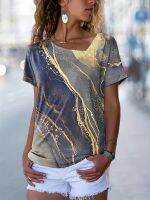 xixibeauty Marble Print Asymmetrical T-shirt, Casual Short Sleeve V Neck Summer T-shirt, Womens Clothing