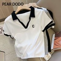 PEAR DODO เสื้อยืดแขนสั้นสำหรับผู้หญิงเสื้อโปโลคอโปโลพิมพ์ลายเกาหลี