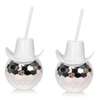 2Pcs Disco Ball Cups with Straw, Disco Flash Ball Cocktail Cup, Disco Cowboys Hat Cups, Flash Cocktail Cup