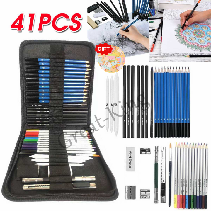 H&B 40pcs Professional Sketch Charcoal Pencil Set for kid easy