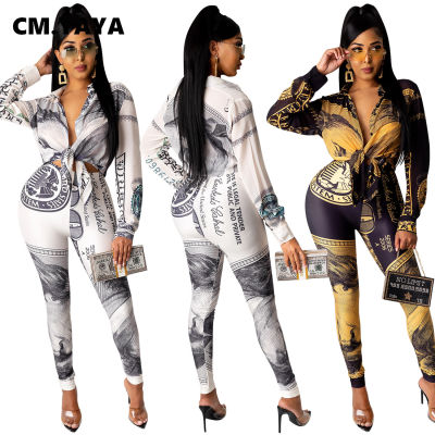 CM.YAYA US Dollar Benjamin Print Knot Up Blouses Style Jumpsuit for Women One Piece Overall Turn-down Neck Rompers Sping winter