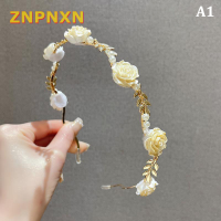 ZNPNXN ที่คาดผมกุหลาบเถากุหลาบหรูหราสำหรับผู้หญิงเครื่องประดับผมวินเทจเมทัลดอกไม้มุกสีแดงขาวกุหลาบรัดเกล้า