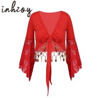 hot【DT】 Belly Costume Patchwork Three Quarter Sleeve Bead Tassel Tie-Up Shawl Crop Top Cardigan Dancewear