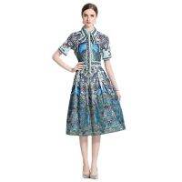 Women Dress Spot Real  Elegant Short  Sleeve  Vintage Printed Midi Dress