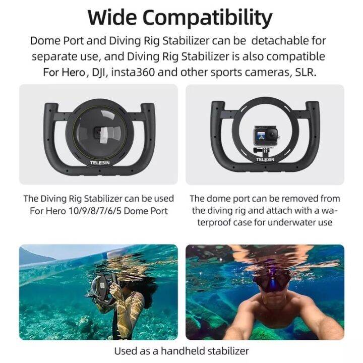 telesin-gopro-12-11-10-9-dome-port-30m-waterproof-handheld-stabilizer-housing-case-removable-type-with-cold-shoe-1-4-thread-โดม-gopro9-10-11-12-10-11