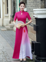 Catwalk Cheongsam 2022คอรัสเครื่องแต่งกายบนเวทียาวสไตล์จีน Aodai Gradient Dress