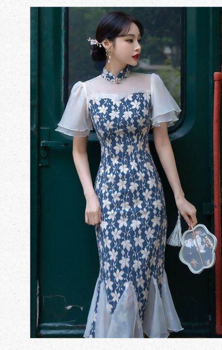 available-green-blue-cheongsam-french-floral-short-sleeve-chiffon-vintage-fishtail-dress-slim-wedding-costumes-elegant-qipao-s-to-xxl