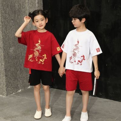 LANBAO ชุดเด็ก ชุดตรุษจีนเด็กชาย ชุดเด็กแขนสั้นขาสั้นสไตล์จีน เสื้อตรุษจีนเด็กชาย ใส่ได้ทั้งเด็กผู้หญิงและชาย