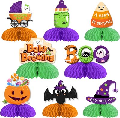 JOLLYBOOM 8 Pcs Halloween A Baby Is Brewing Paper Honeycomb Centerpieces, Halloween Baby Shower Table Topper Decorations For Gender Reveal Party, Pregnancy Celebration For Boy And Girl ซื้อทันทีเพิ่มลงในรถเข็น