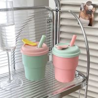 Silicone Handy Cup Macaron Straw Cup Water Cup With Lid Office Drinking Cup Coffee Cup Heat Resistant Drop Resistant Leak Proof 【AUG】