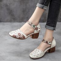 2023 new style Women Genuine Leather Shoes Sandals High Heel Summer Cool Beach Hollow Flowers shoes Female luxury sandals women