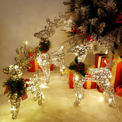 Christmas Iron Reindeer Elk LED Light with Pine Cones Decoration Golden Silver Deer Lamp Shopping Mall Ornaments Home Decor