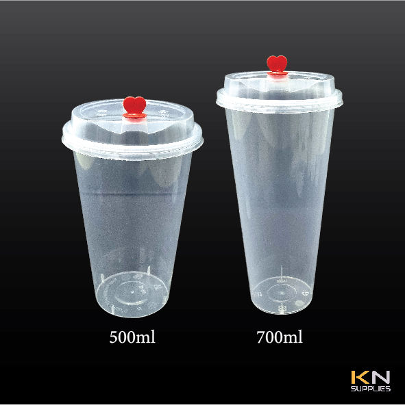 50set] 360/500/700ml Premium PP5 Injection Cup Clear Plastic Cup Milk  Tea/Cold Drink Cup with Love Lid (±12/16/23oz)