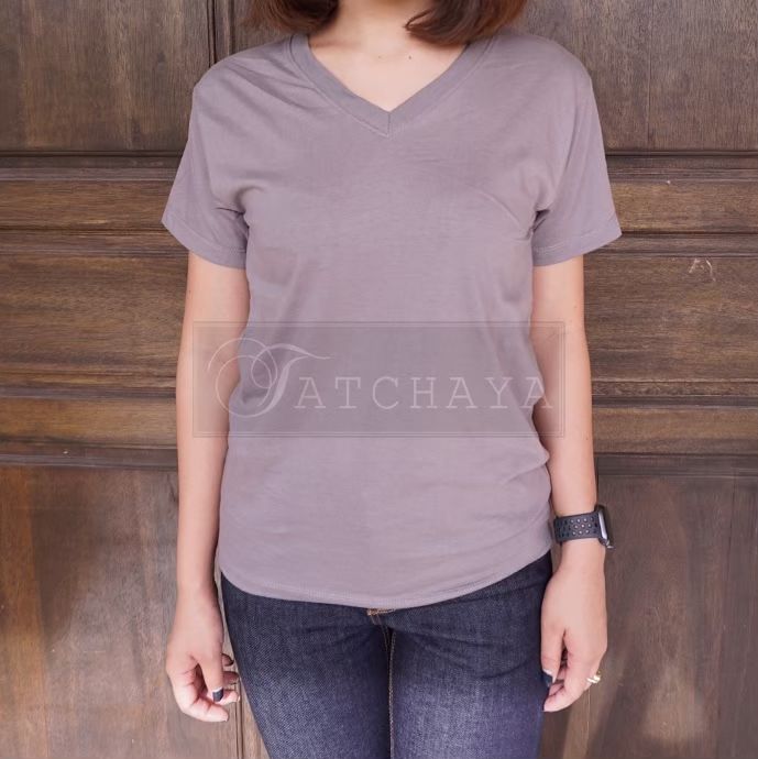 tatchaya-เสื้อยืด-คอตตอน-สีพื้น-คอวี-แขนสั้น-dark-grey-สีเทาดำ-cotton-100