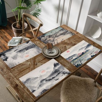【YF】 Ink Painting Chinese Landscape Placemat Kitchen Decor Linen Dining Table Mats Coaster Pad Bowl Coffee Cup Mat Tablecloth 42x32CM