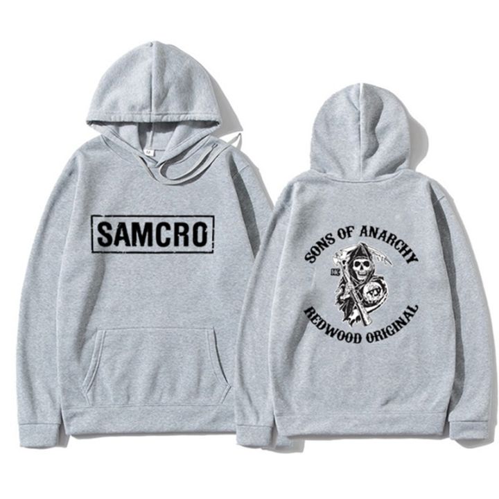เสื้อมีฮู้ดพิมพ์ลายตัวอักษร Samcro ลูกชายแห่งอนาธิปไตยแฟชั่นสตรีทกะโหลกศีรษะเสื้อสเวตเชิ้ตขนาดใหญ่เสื้อผ้าแบบหลวมมีฮู้ดสำหรับผู้ชายผู้หญิง