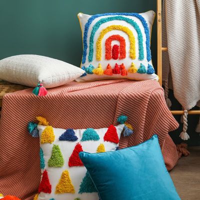 Bohemian Cushion Cover Abstract Seven Rainbow Pillow Cover Nordic Moroccan Cotton Canvas Tassel Tufted Throw Pillow Case
