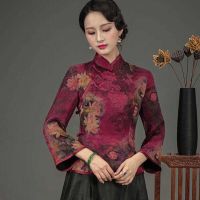 【ในสต็อก】เสื้อผ้าจีนแบบดั้งเดิมสตรีขนาดบวก Cheongsam ท็อปส์2022ฤดูใบไม้ร่วงผ้าฝ้ายผสมพิมพ์ประกบรสเครื่องแต่งกายเสื้อผู้หญิง