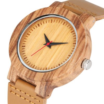 Simple Scale Display Round Dial Nature Wooden Watch Mens Watch Genuine Leather Wristwatch Quartz Timepieces Male Clock Gifts