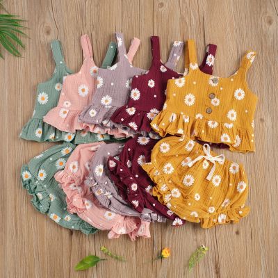 2021 Summer Newborn Baby Girl’s Flower Printed 2Pcs Clothes Set Sleeveless Cotton Linen Ruffled Tops e Shorts Infant Suit