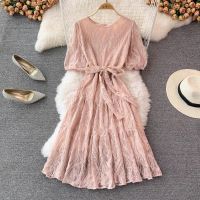 COD SDFGERTYTRRT Lace Short Sleeve Dress Women Korean Dinner Party Round Neck High Waist Midi Dresses