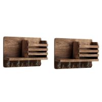 2X Entryway Mail Envelope Organizer with 4 Key Hooks Wall Mounted, Rustic Wood Mail Holder Shelf with Key Hooks for Wall