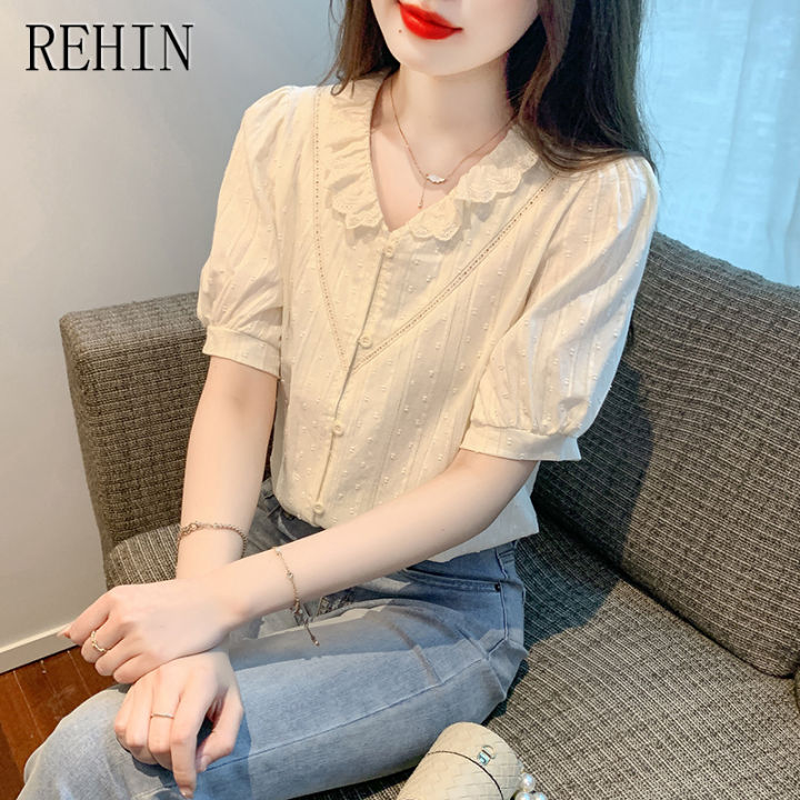 rehin-เสื้อแขนสั้นคอวีแขนพองฤดูร้อนสไตล์วินเทจเสื้อสตรีชีฟอง