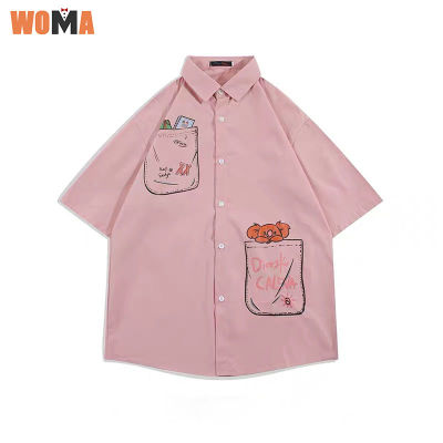 WOMA เสื้อเชิ้ตแขนสั้นผู้ชาย,เสื้อวัยรุ่นพิมพ์ลายการ์ตูนทรงหลวม