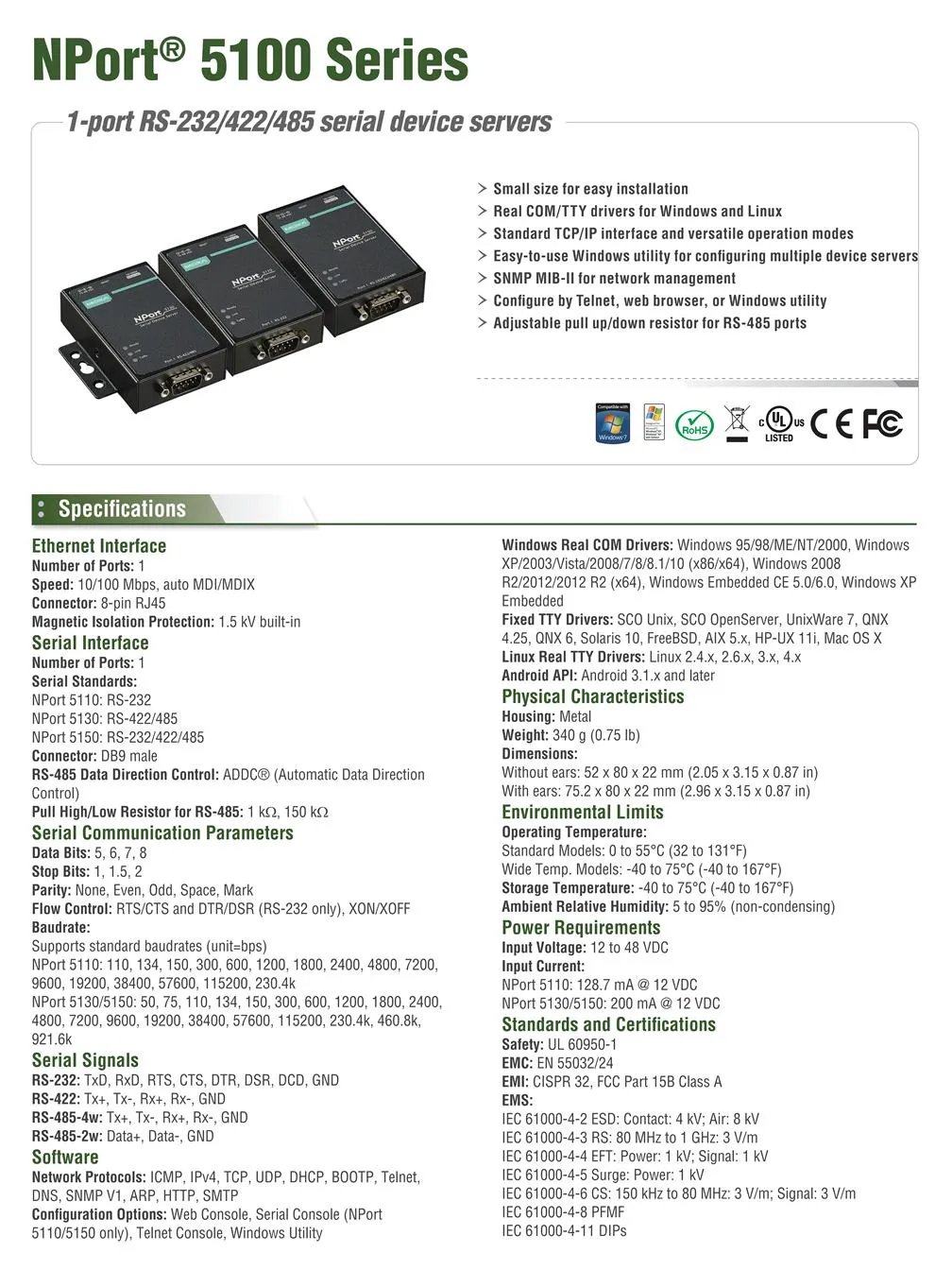 MOXA 高機能1ポート RS-232 シリアルデバイス・サーバ NPort 5110A 通販