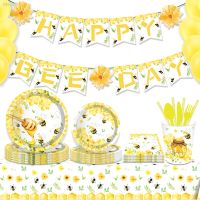 Cartoon Honey Bee Disposable Tableware Sets Happy Birthday Banner Cake Stand Cup Plate Baby Shower Party Photo Booth Props Decor