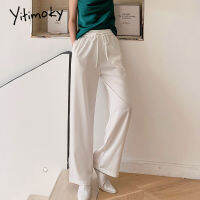 Yitimoky Satin Silk Pants Women Wide Leg Loose Drawstring Office White Pants Fashion Black Elastic High Waist Trousers