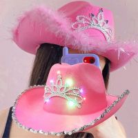 Western คาวบอยหมวกสีชมพู Cowgirl หมวกสำหรับหญิงสาว Tiara Glow Cowgirl หมวก Holiday เครื่องแต่งกายหมวก Feather Edge Fedora หมวก