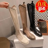 【Ready】? ngy genue ler long boots for women summer new sle brele hoow mesh boots low heel th off-we high s