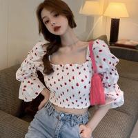 Womens Chiffon Square Collar Strawberry Print Exposed Navel Long Sleeve Puff Sleeve Fashion Crop Top tshirt women blouse