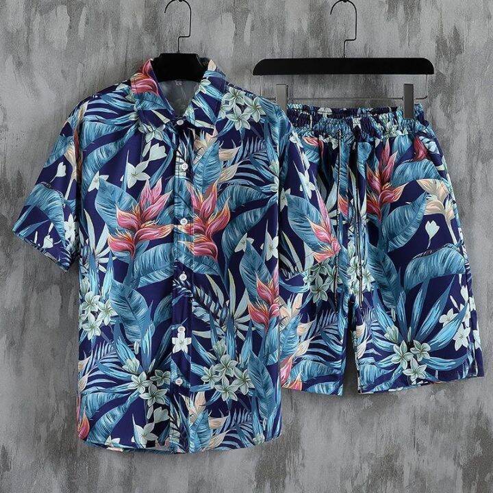 ชุดสูทฤดูร้อนของผู้ชาย-pdd8-14วันหยุดฮาวายเสื้อเชิ๊ตลายดอกไม้หลวมดอกไม้ห้าจุดกางเกงชายหาดคู่รักชุดลำลองของผู้ชาย