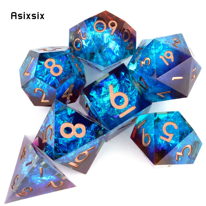 7ชิ้นสีแดงสีฟ้าเรซิ่นโกลเด้นจำนวนคมขอบลูกเต๋า-polyhedral-ลูกเต๋าเหมาะสำหรับการเล่นตามบทบาท-rpg-เกมกระดานเกม